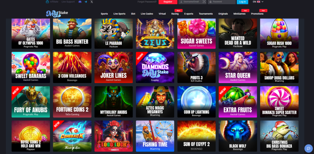 MyStake Casino games lobby and sportsbook overview