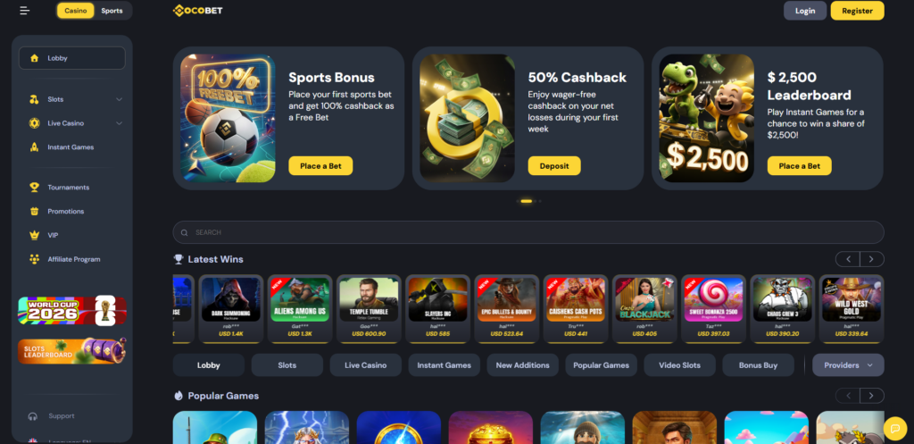 CocoBet Casino platform showing the main games lobby