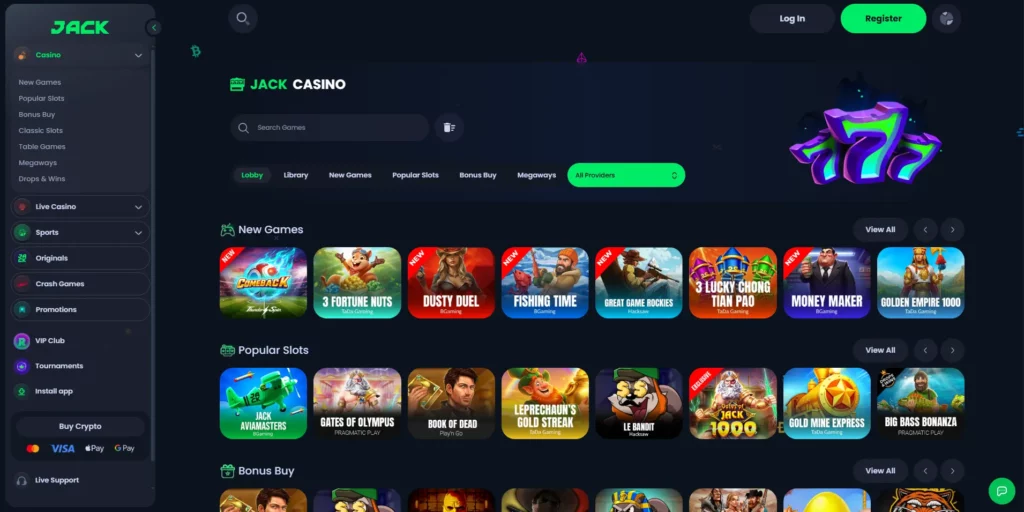JACK Casino homepage showing the main lobby interface